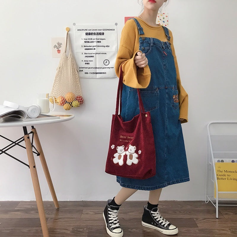 Women Corduroy Shoulder Bag Lucky Bears Embroidery Striped Canvas Handbag Eco Cloth Tote Cute Soft Shopping Bags For Ladies greenroot living