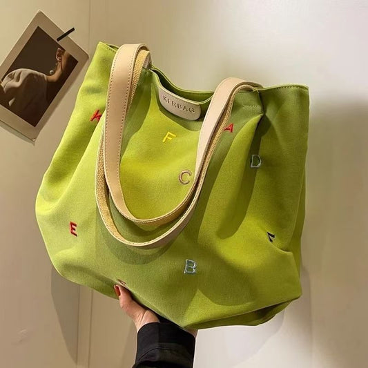 Embroidered Letter Handbag Solid Color Shoulder Tote Bag greenroot living