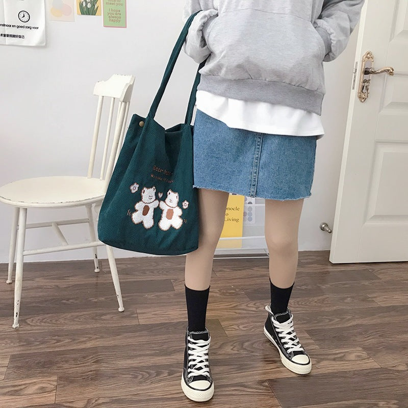 Women Corduroy Shoulder Bag Lucky Bears Embroidery Striped Canvas Handbag Eco Cloth Tote Cute Soft Shopping Bags For Ladies greenroot living