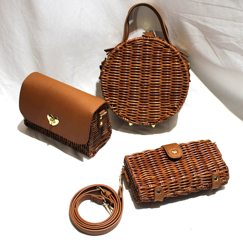 Hand-Held Shoulder Strap Woven Vegetable Basket Rattan-LikeRattan Bag FashionWoven Bag greenroot living