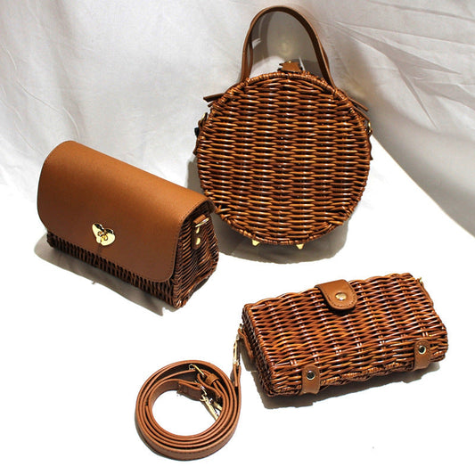 Hand-Held Shoulder Strap Woven Vegetable Basket Rattan-LikeRattan Bag FashionWoven Bag greenroot living