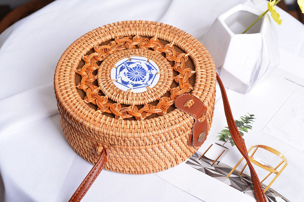 Fast Selling And Hot Selling Rattan Woven Forest Basket Basket Retro Literature And Art Hand Woven Bag Ceramic Hollow Bag greenroot living