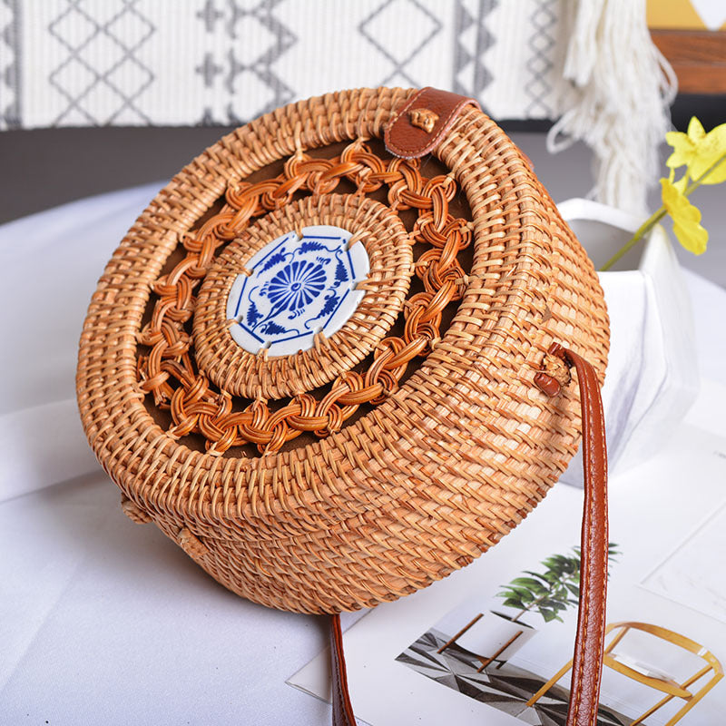 Fast Selling And Hot Selling Rattan Woven Forest Basket Basket Retro Literature And Art Hand Woven Bag Ceramic Hollow Bag greenroot living