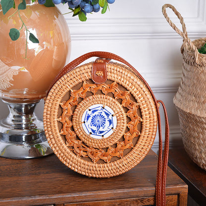 Fast Selling And Hot Selling Rattan Woven Forest Basket Basket Retro Literature And Art Hand Woven Bag Ceramic Hollow Bag greenroot living
