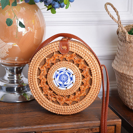 Fast Selling And Hot Selling Rattan Woven Forest Basket Basket Retro Literature And Art Hand Woven Bag Ceramic Hollow Bag greenroot living
