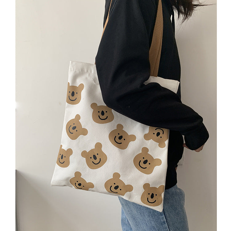 New Canvas Shoulder Shopper Bag for Women Girl Cartoon Bear White Female Handbags Cloth Shopping Bags Ladies Tote Beach Bag greenroot living