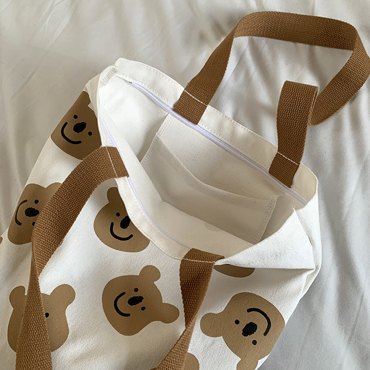 New Canvas Shoulder Shopper Bag for Women Girl Cartoon Bear White Female Handbags Cloth Shopping Bags Ladies Tote Beach Bag greenroot living