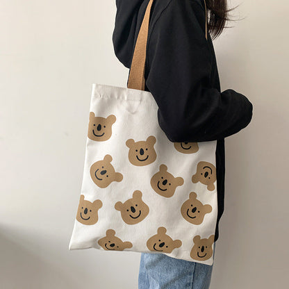 New Canvas Shoulder Shopper Bag for Women Girl Cartoon Bear White Female Handbags Cloth Shopping Bags Ladies Tote Beach Bag greenroot living