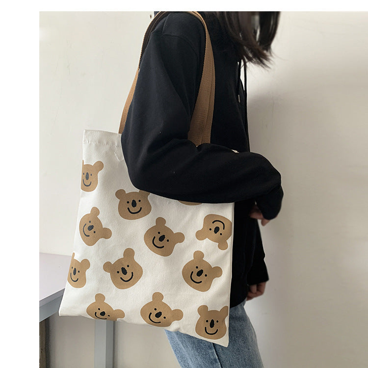 New Canvas Shoulder Shopper Bag for Women Girl Cartoon Bear White Female Handbags Cloth Shopping Bags Ladies Tote Beach Bag greenroot living