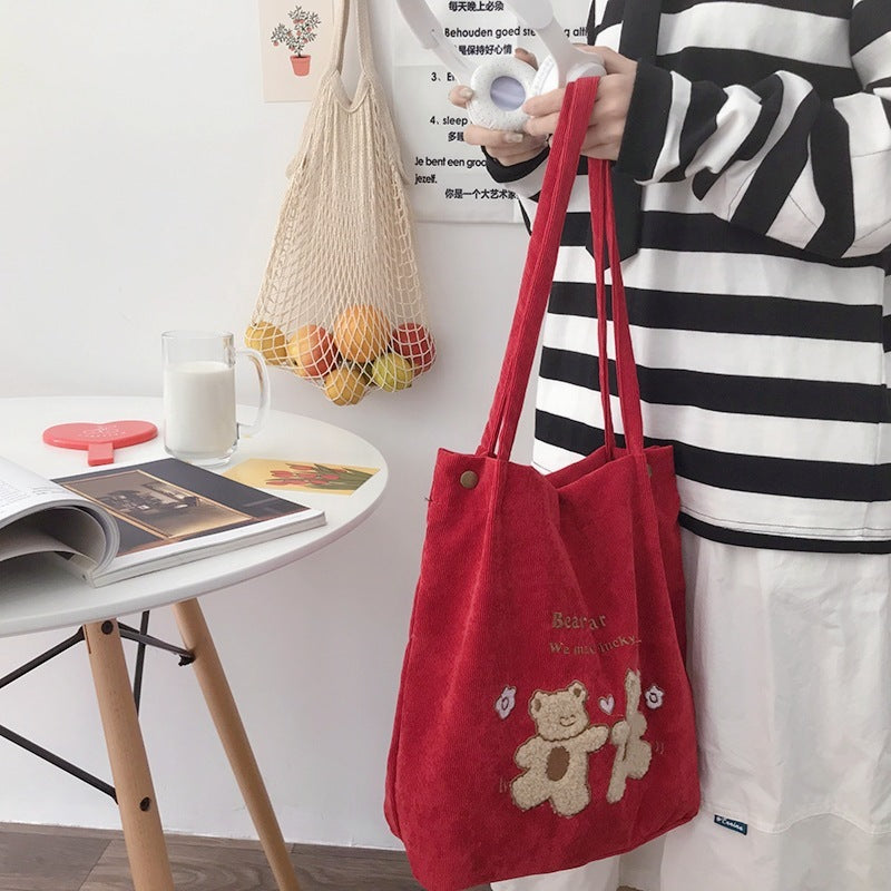 Women Corduroy Shoulder Bag Lucky Bears Embroidery Striped Canvas Handbag Eco Cloth Tote Cute Soft Shopping Bags For Ladies greenroot living