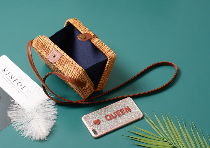 Rattan bag ins diagonal mini bag Sen basket basket tweezers retro literary hand-woven leather buckle bag greenroot living