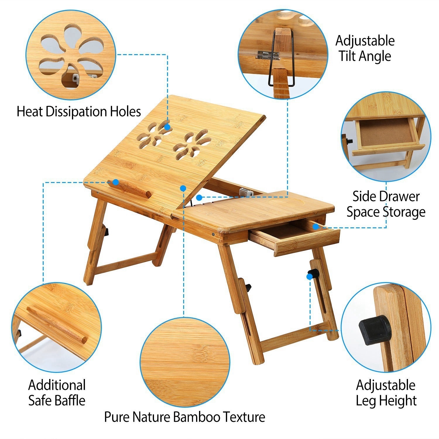 1Pc Bamboo Laptop Desk Breakfast Serving Bed Tray Foldable Leg Multi-Position Adjustable Tilt Surface Bed Lap Tray With Side Storage Drawer For Work Study Reading greenroot living