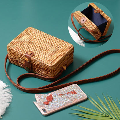 Rattan bag ins diagonal mini bag Sen basket basket tweezers retro literary hand-woven leather buckle bag greenroot living