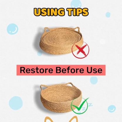 Natural Woven Cat Bed With Soft Cushion, Handmade Braided Cattail Leaf Pet House, Eco-Friendly Straw Nest