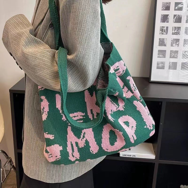 Letter Printed Knit Bag Fashion Shopping Shoulder Bag Large Capacity Handbag