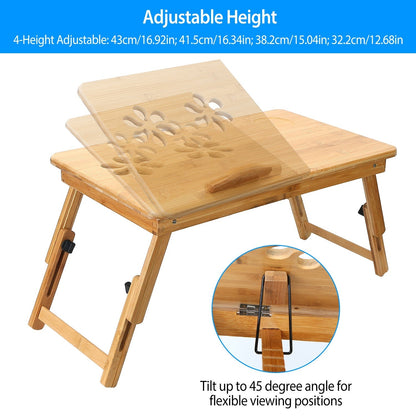 1Pc Bamboo Laptop Desk Breakfast Serving Bed Tray Foldable Leg Multi-Position Adjustable Tilt Surface Bed Lap Tray With Side Storage Drawer For Work Study Reading greenroot living