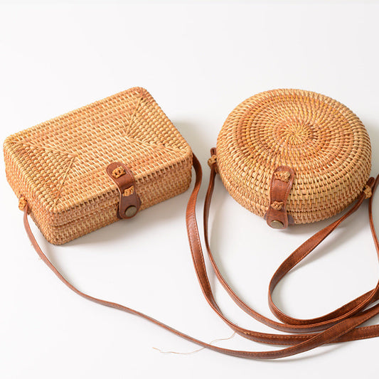Rattan bag ins diagonal mini bag Sen basket basket tweezers retro literary hand-woven leather buckle bag greenroot living