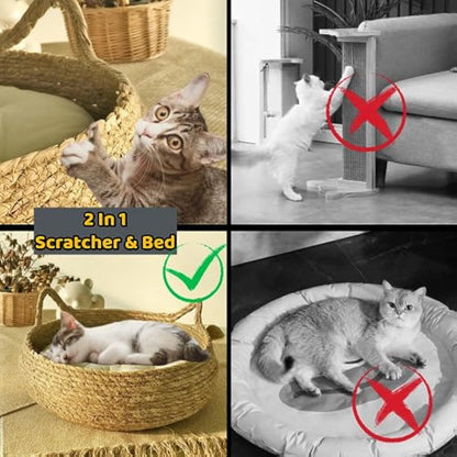 Natural Woven Cat Bed With Soft Cushion, Handmade Braided Cattail Leaf Pet House, Eco-Friendly Straw Nest greenroot living