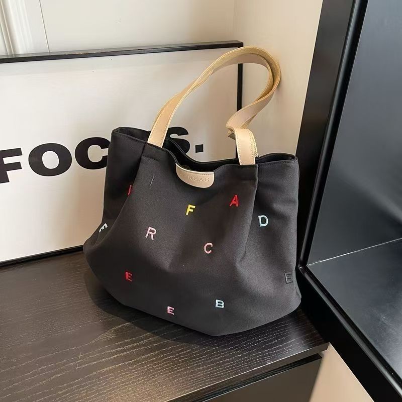 Embroidered Letter Handbag Solid Color Shoulder Tote Bag greenroot living
