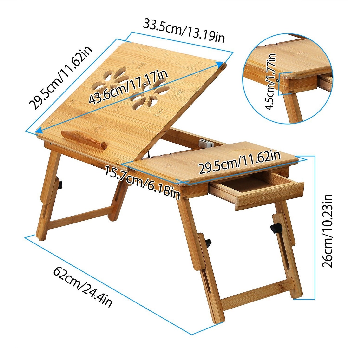 1Pc Bamboo Laptop Desk Breakfast Serving Bed Tray Foldable Leg Multi-Position Adjustable Tilt Surface Bed Lap Tray With Side Storage Drawer For Work Study Reading greenroot living