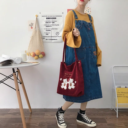 Women Corduroy Shoulder Bag Lucky Bears Embroidery Striped Canvas Handbag Eco Cloth Tote Cute Soft Shopping Bags For Ladies greenroot living