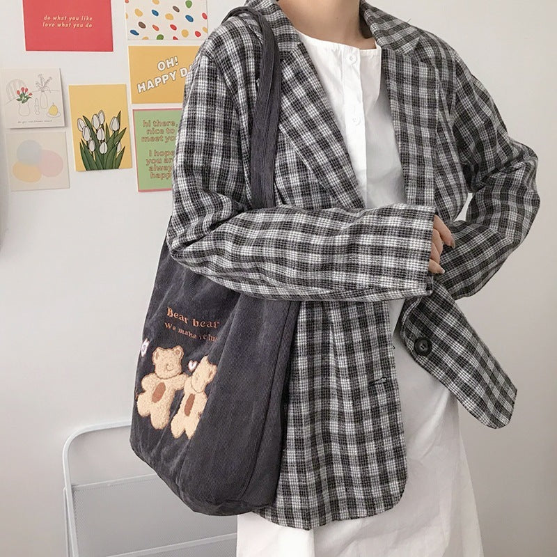 Women Corduroy Shoulder Bag Lucky Bears Embroidery Striped Canvas Handbag Eco Cloth Tote Cute Soft Shopping Bags For Ladies greenroot living