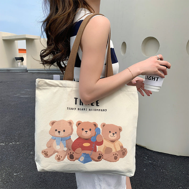 Cute Bear Printed Canvas Bag Women All-match Shoulder Bags Student Large Capacity Daily Handbags greenroot living