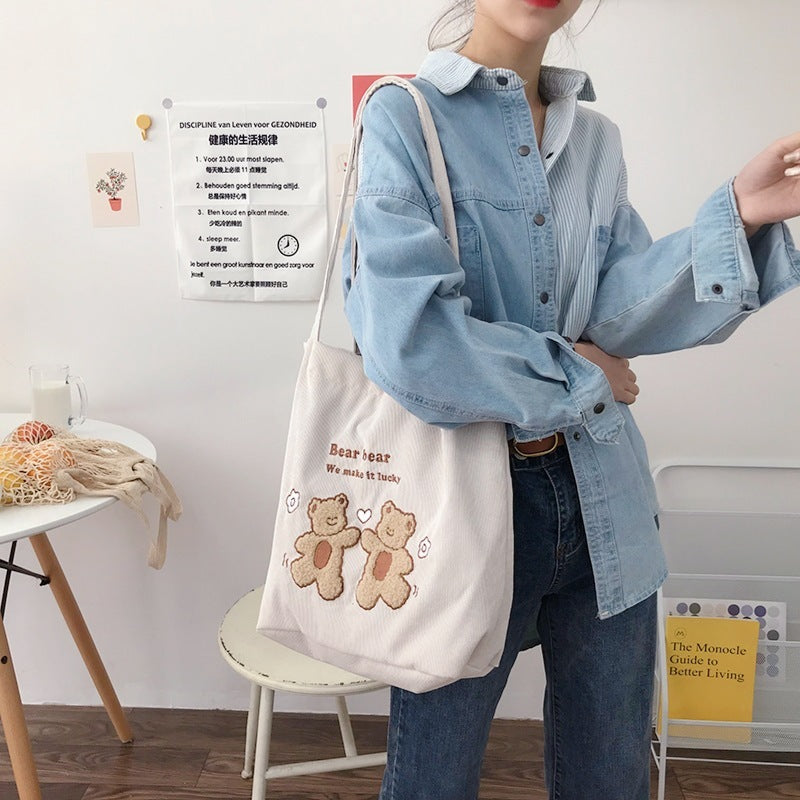 Women Corduroy Shoulder Bag Lucky Bears Embroidery Striped Canvas Handbag Eco Cloth Tote Cute Soft Shopping Bags For Ladies greenroot living