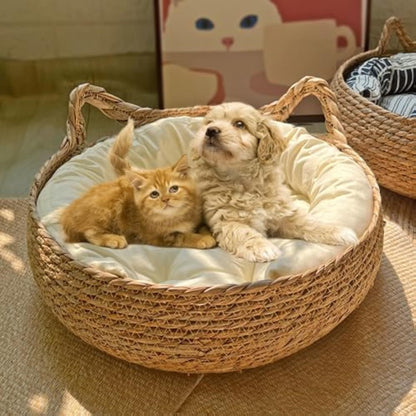 Natural Woven Cat Bed With Soft Cushion, Handmade Braided Cattail Leaf Pet House, Eco-Friendly Straw Nest