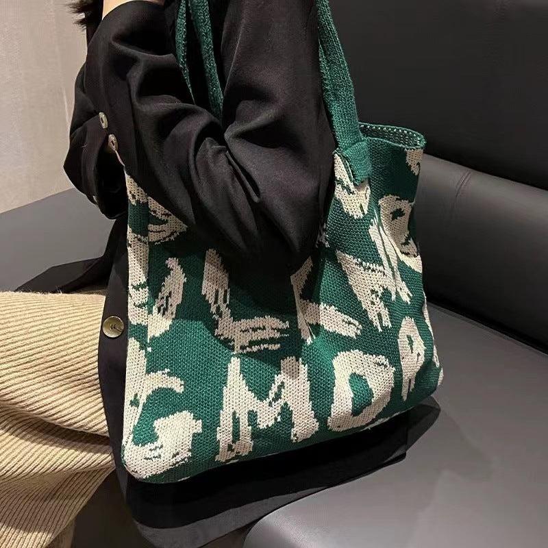 Letter Printed Knit Bag Fashion Shopping Shoulder Bag Large Capacity Handbag greenroot living