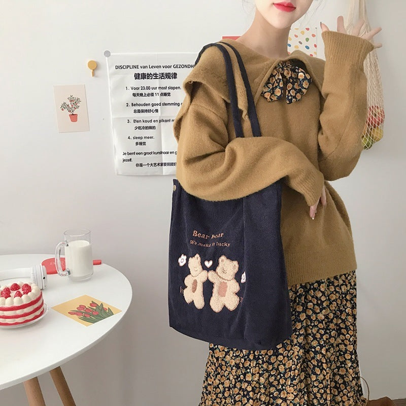 Women Corduroy Shoulder Bag Lucky Bears Embroidery Striped Canvas Handbag Eco Cloth Tote Cute Soft Shopping Bags For Ladies greenroot living