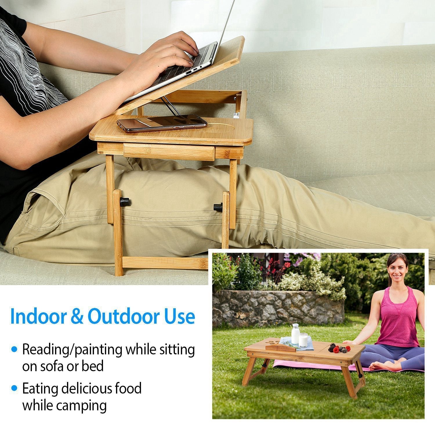 1Pc Bamboo Laptop Desk Breakfast Serving Bed Tray Foldable Leg Multi-Position Adjustable Tilt Surface Bed Lap Tray With Side Storage Drawer For Work Study Reading greenroot living