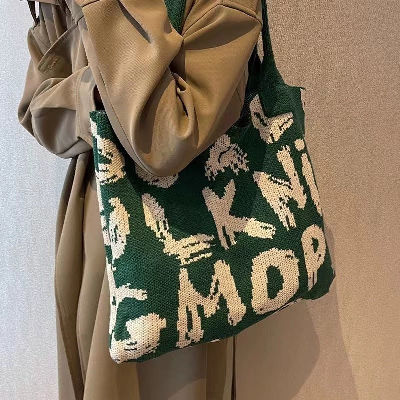 Letter Printed Knit Bag Fashion Shopping Shoulder Bag Large Capacity Handbag greenroot living