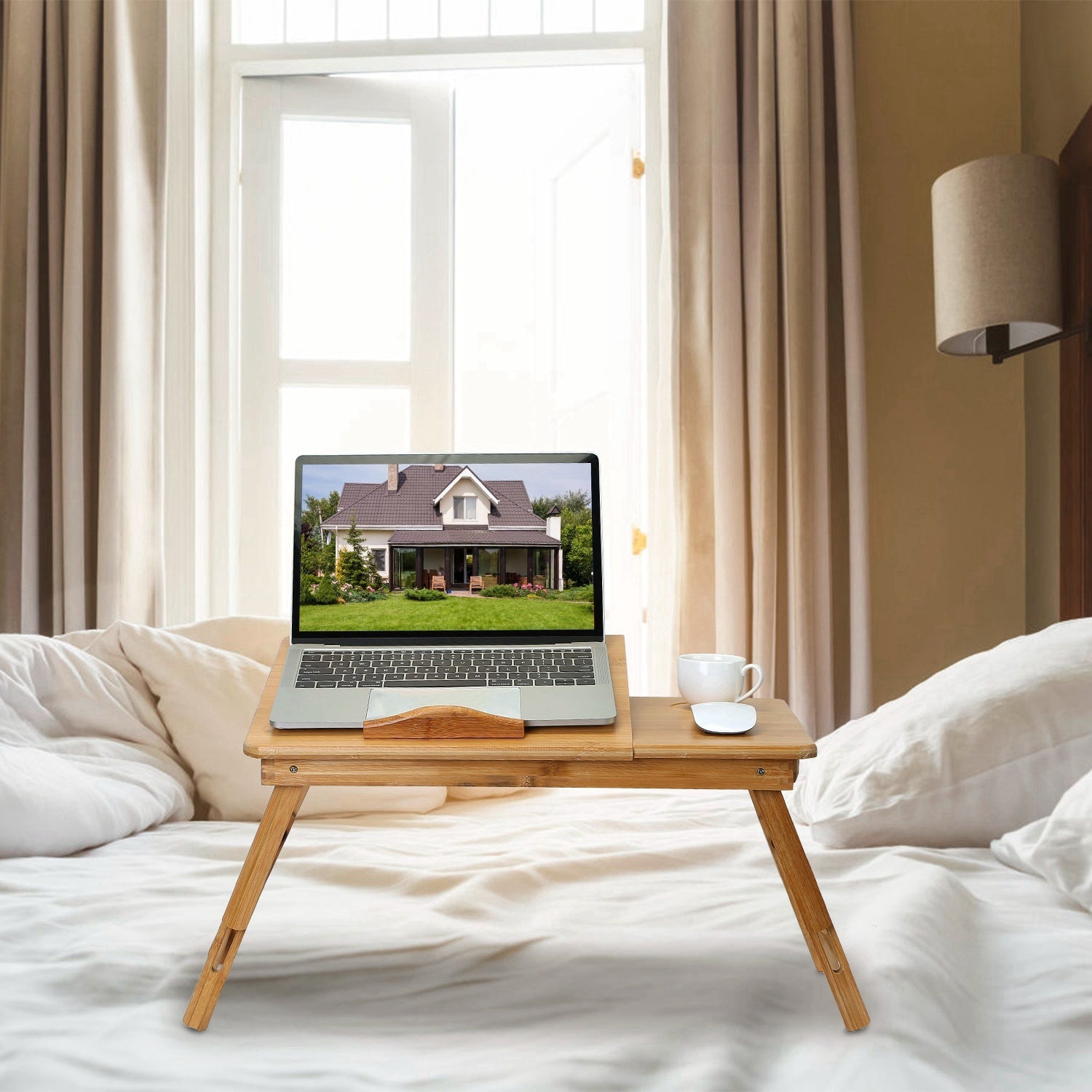 1Pc Bamboo Laptop Desk Breakfast Serving Bed Tray Foldable Leg Multi-Position Adjustable Tilt Surface Bed Lap Tray With Side Storage Drawer For Work Study Reading greenroot living