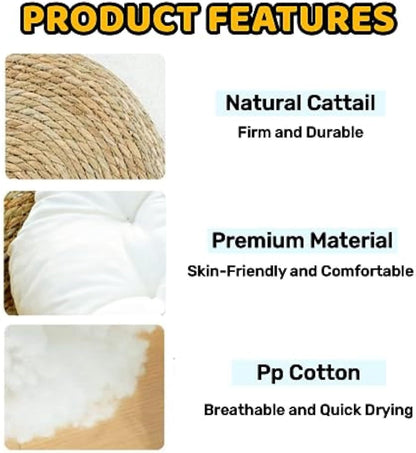 Natural Woven Cat Bed With Soft Cushion, Handmade Braided Cattail Leaf Pet House, Eco-Friendly Straw Nest greenroot living