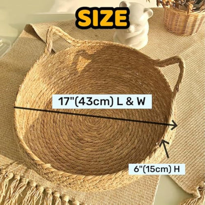 Natural Woven Cat Bed With Soft Cushion, Handmade Braided Cattail Leaf Pet House, Eco-Friendly Straw Nest