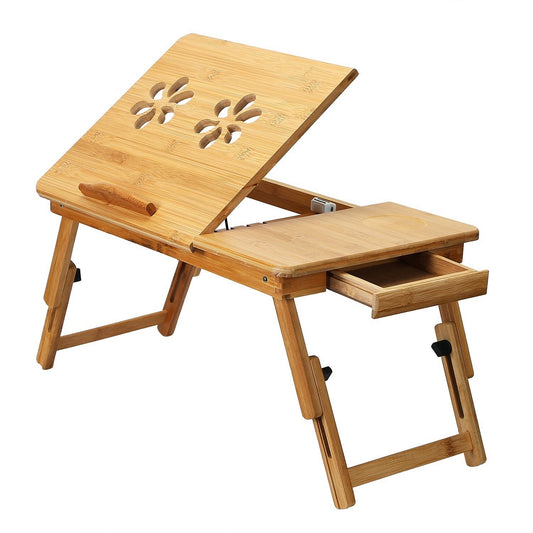 1Pc Bamboo Laptop Desk Breakfast Serving Bed Tray Foldable Leg Multi-Position Adjustable Tilt Surface Bed Lap Tray With Side Storage Drawer For Work Study Reading greenroot living