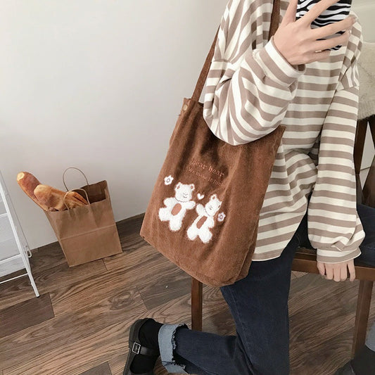 Women Corduroy Shoulder Bag Lucky Bears Embroidery Striped Canvas Handbag Eco Cloth Tote Cute Soft Shopping Bags For Ladies greenroot living