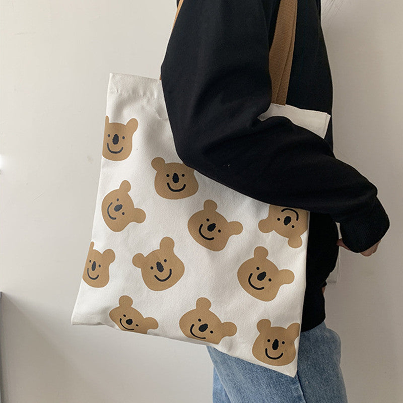 New Canvas Shoulder Shopper Bag for Women Girl Cartoon Bear White Female Handbags Cloth Shopping Bags Ladies Tote Beach Bag greenroot living