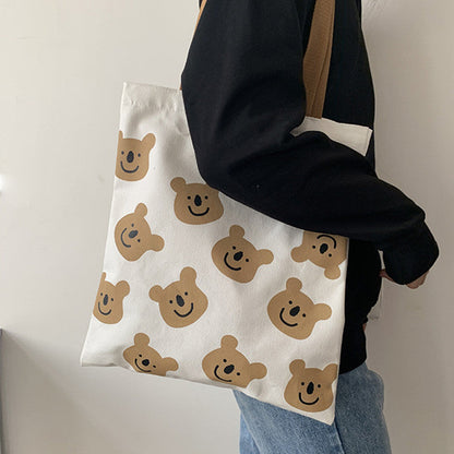 New Canvas Shoulder Shopper Bag for Women Girl Cartoon Bear White Female Handbags Cloth Shopping Bags Ladies Tote Beach Bag greenroot living