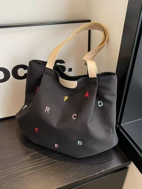 Embroidered Letter Handbag Solid Color Shoulder Tote Bag greenroot living